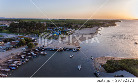 Aerial. Bay near the Vasco da Gama Lisbon Bridge, Samuoco. 59792273