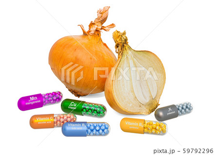 Vitamins and minerals of bulb onion, 3D rendering 59792296