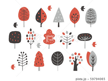 北欧風の木色々デザイン赤黒のイラスト素材