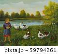 Girl watching ducks and geese at the lake 59794261