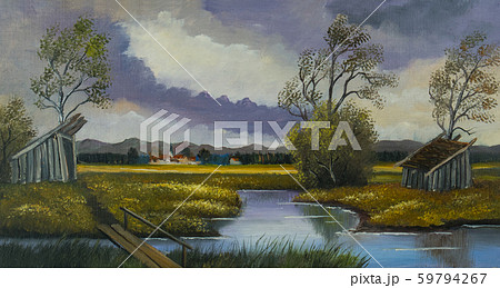 Landscape with a river and a wooden bridge 59794267