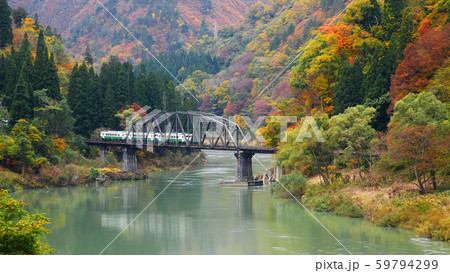 只見線第四橋梁と列車 59794299