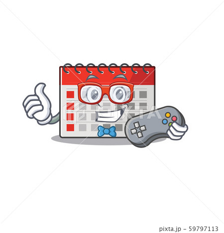Calendar cartoon with in mascot shape holding gamer 59797113