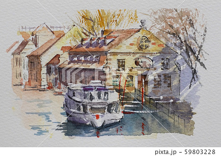 ヨーロッパの港街 水彩画 風景画 のイラスト素材