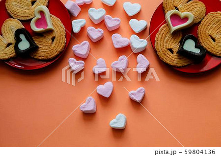 Breakfast for the beloved. Heart shaped cookies and sweets. Breakfast for the beloved. Heart shaped cookies and sweets. 59804136