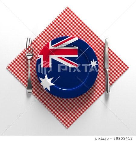 National dishes of Australia. Delicacies. Flag on a plate with food from Australia. 3D illustration. 59805415