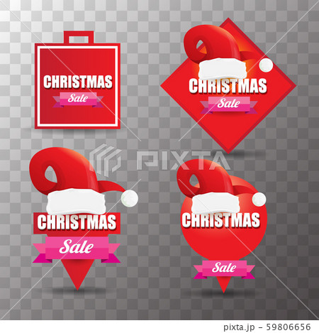 vector Christmas sales tag or label with red santa hat isolated on transparent background. Red 59806656