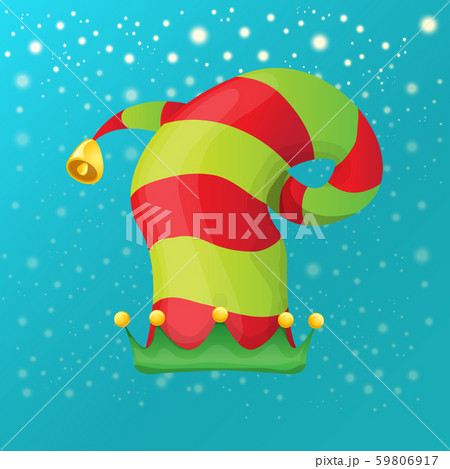 vector funky red and green stripped cartoon christmas elf hat on azure sky background with stars 59806917