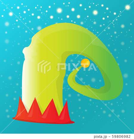 vector funky red and green stripped cartoon christmas elf hat on azure sky background with stars 59806982