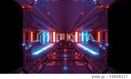 futuristic scifi space hangar tunnel corridor with glowing lights and reflections 3d illustration 3d 59808317