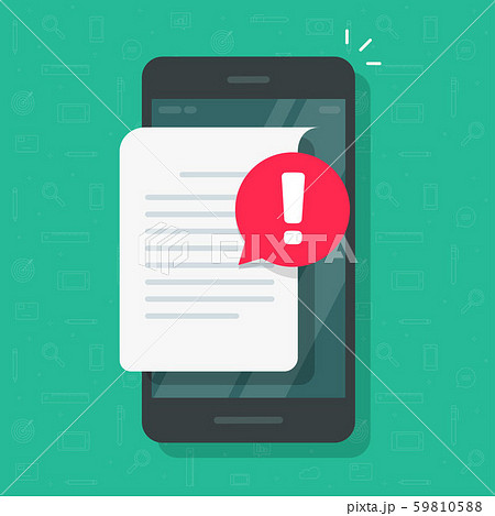 Document with alert or error notification bubble on mobile phone or cellphone, flat cartoon paper 59810588