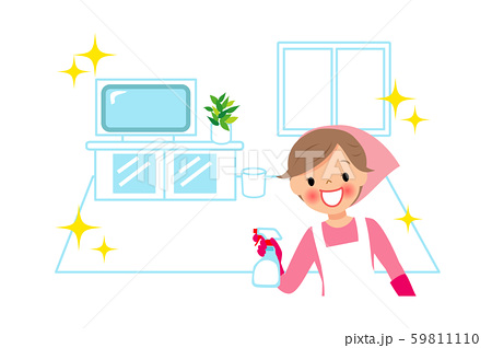 掃除後のきれいな部屋で微笑む女性のイラスト素材