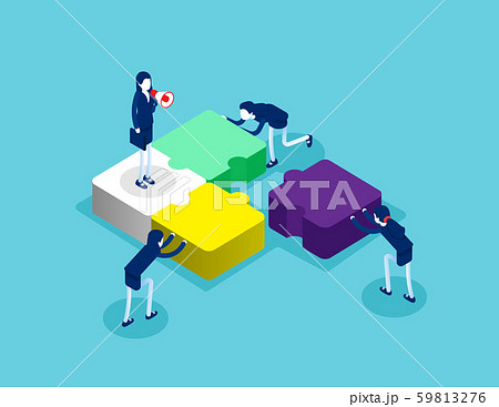 Isometric team connecting puzzle elements. Concept 59813276