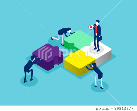 Isometric team connecting puzzle elements. Concept 59813277