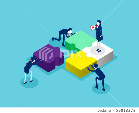 Isometric team connecting puzzle elements. Concept 59813278