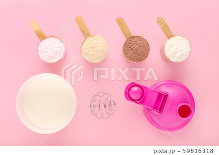 different flavors of protein with a shaker and fresh milk different flavors of protein with a shaker and fresh milk 59816318