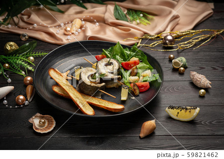 Baked seabass with eggplant, mozzarella cheese, 59821462