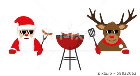 cute santa claus and reindeer with sunglasses at christmas bbq cute santa claus and reindeer with sunglasses at christmas bbq 59822062