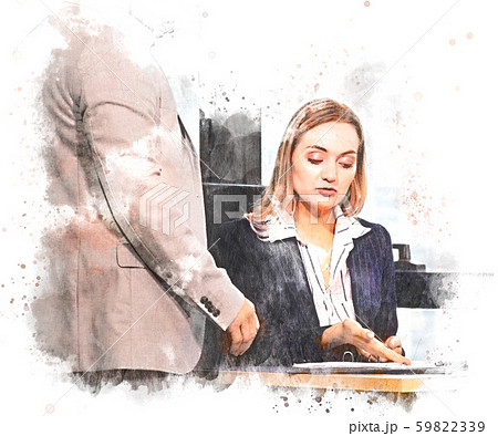 Business woman talking and Explain document with manager in the office on watercolor illustration painting background. 59822339