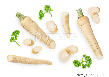Parsley root with slices and leaves isolated on white background. Top view. Flat lay Parsley root with slices and leaves isolated on white background. Top view. Flat lay 59823958