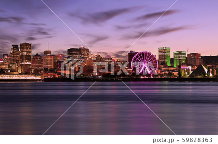 Montreal skyline illuminated at dusk reflected in Saint Lawrence River, Quebec, Canada Montreal skyline illuminated at dusk reflected in Saint Lawrence River, Quebec, Canada 59828363