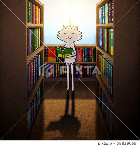 沢山の本を立ち読みする犬さんのイラスト 教養 文学 学習 のイラスト素材