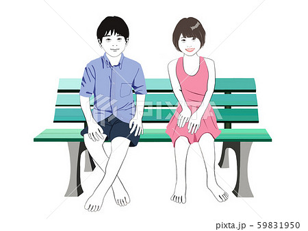 公園のベンチに座る男の子と女の子のイラスト素材