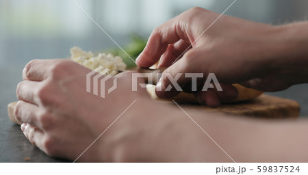 Man Spread Cream Cheese On Ciabatta Slice On Pixta