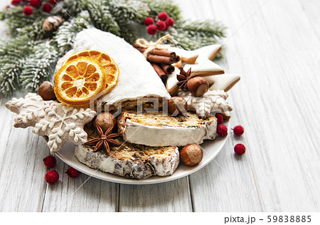 Christmas stollen on wooden background Christmas stollen on wooden background 59838885