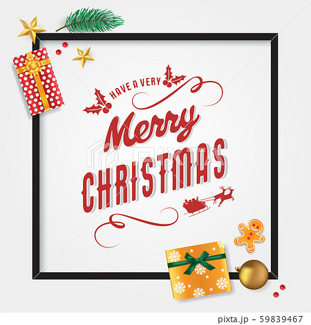 Merry Christmas card template with pine leaves, star, gingerbread man, presents, bauble and Christmas cherries, vector 59839467