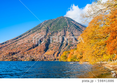 栃木 日光 秋の男体山と中禅寺湖の写真素材