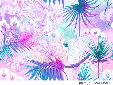 Tropical plants and flowers and birds. Seamless pattern Tropical plants and flowers and birds. Seamless pattern 59843961