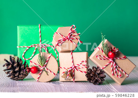 Christmas composition. Background with gift box and decorations. Christmas composition. Background with gift box and decorations. 59846228