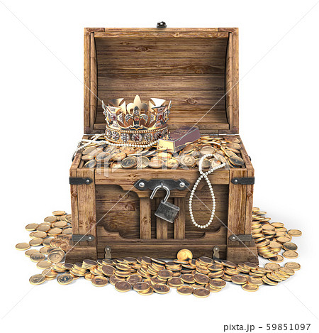 Open treasure chest filled with golden coins, gold - Stock Illustration  [61303996] - PIXTA