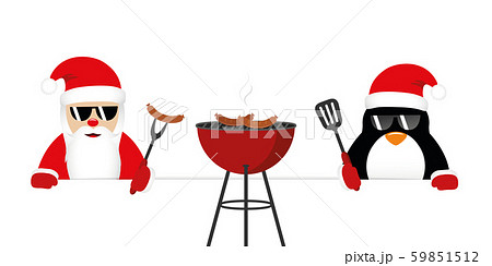 cute santa claus and penguin with sunglasses at christmas bbq 59851512