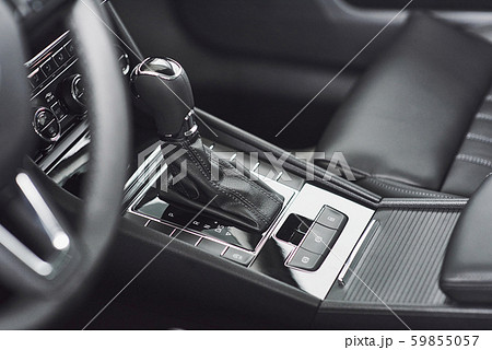 Detail of modern car interior, gear stick, automatic transmission in expensive car. 59855057