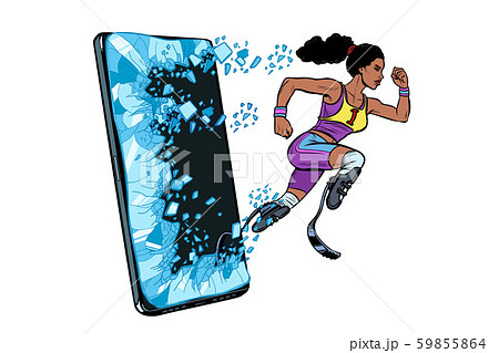 african woman runner disabled leg with prosthesis Phone gadget smartphone. Online Internet african woman runner disabled leg with prosthesis Phone gadget smartphone. Online Internet 59855864