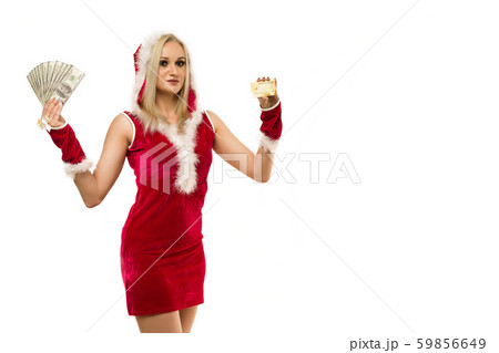 A beautiful sexy woman in a New Year's dress, hold 59856649