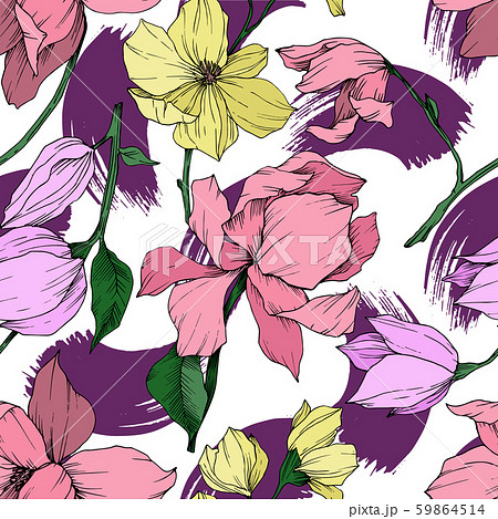 Vector Magnolia floral botanical flowers. Black and white engraved ink art. Seamless background 59864514