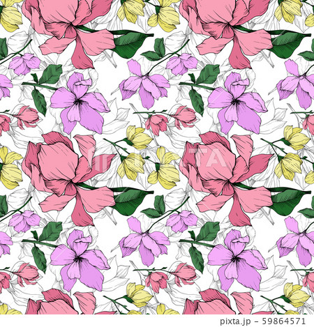 Vector Magnolia floral botanical flowers. Black and white engraved ink art. Seamless background 59864571