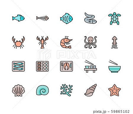 Set of Fish and Seafood Color Line Icons. Flounder, Eel, Turtle, Crab and more. Set of Fish and Seafood Color Line Icons. Flounder, Eel, Turtle, Crab and more. 59865102