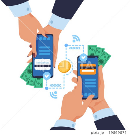Mobile money transfer. Cartoon hands holding smartphones and sending wireless payment. Vector online 59869875
