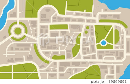 City navigation map. Flat plan of streets parks and river with top view, simple cartoon city map City navigation map. Flat plan of streets parks and river with top view, simple cartoon city map 59869891