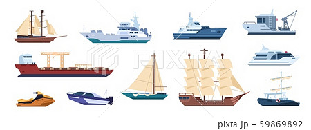 Flat ships. Sailing yachts, marine sailboats and motor ships, ocean transportation types. Vector 59869892