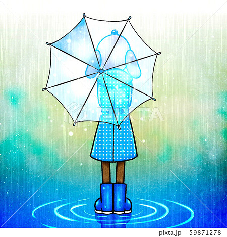 雨の日にレインコートと長靴とビニール傘で雨対策をするダックスフンドの後ろ姿のイラスト素材