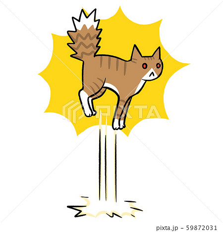 飛び跳ねてビックリするネコさんのイラスト ジャンプ 黄色背景 のイラスト素材