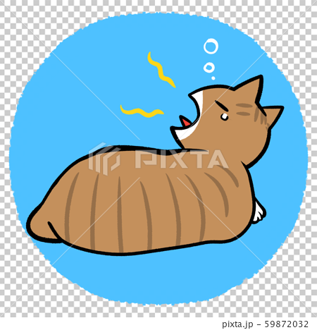 眠くてあくびをするネコさんのイラスト 眠い おねむ 青丸背景 のイラスト素材