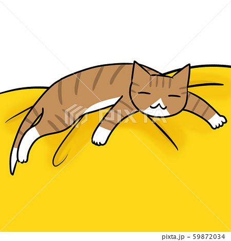 布団の上でだらだら過ごすネコさんのイラスト 黄色シーツ ふかふか 寝室 のイラスト素材