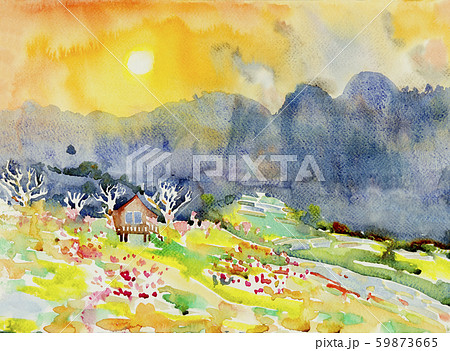 Watercolor landscape painting of mountain range Watercolor landscape painting of mountain range 59873665