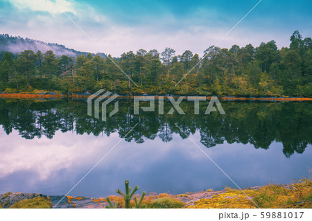 Rocky shore of a mountain lake on a misty autumn morning Rocky shore of a mountain lake on a misty autumn morning 59881017